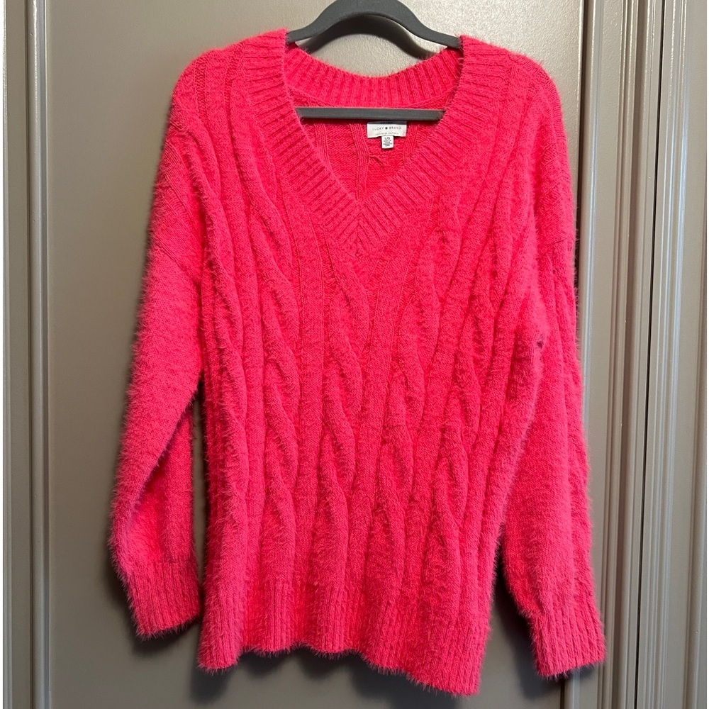 Lucky Brand 🍀 Size L Hot Pink Cable Knit Fuzzy Sweater Heavy Weight Cozy Warm